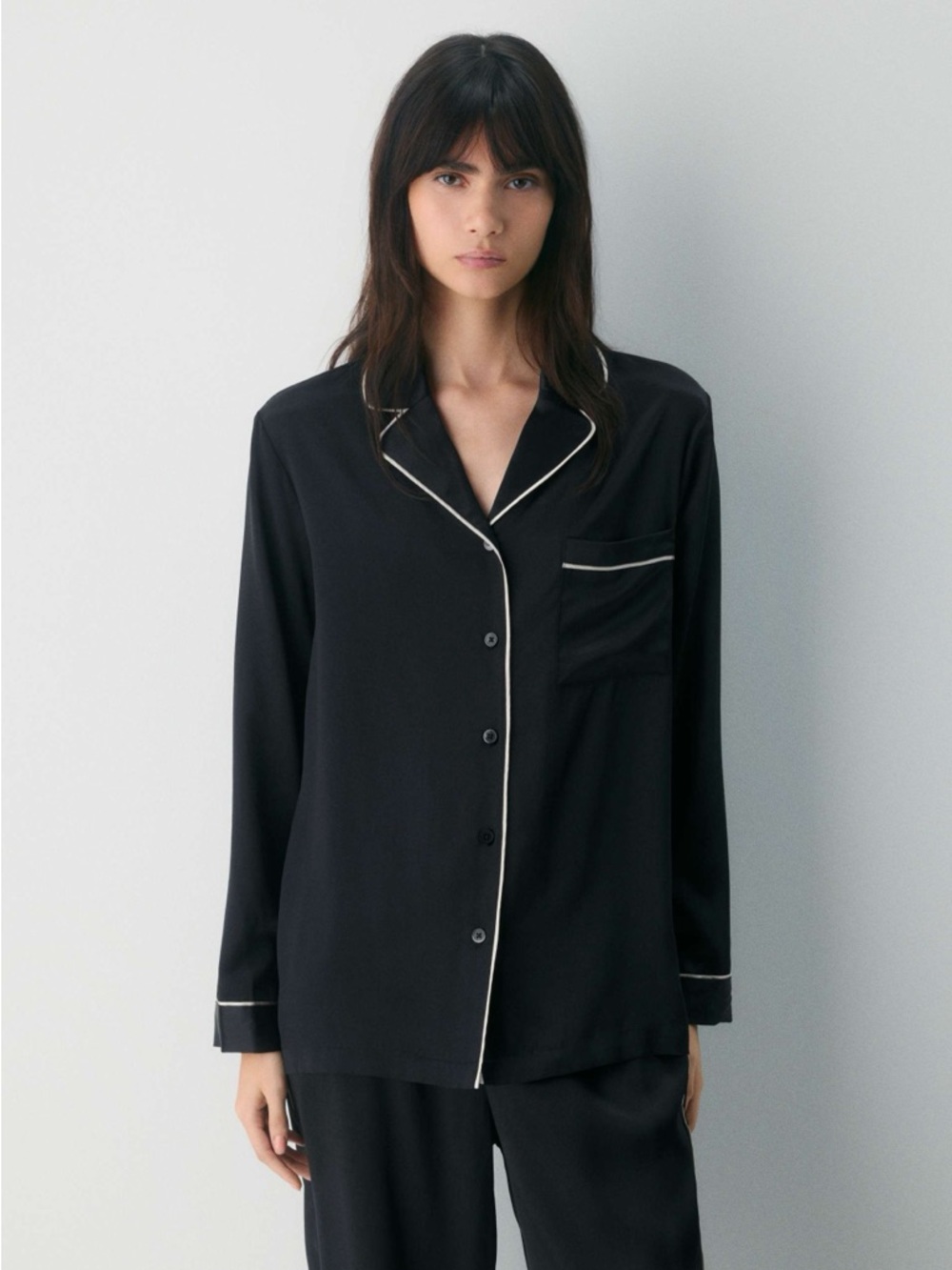 Wilfred Black Satin Button-Front Pajama Style Blouse with White Piping
